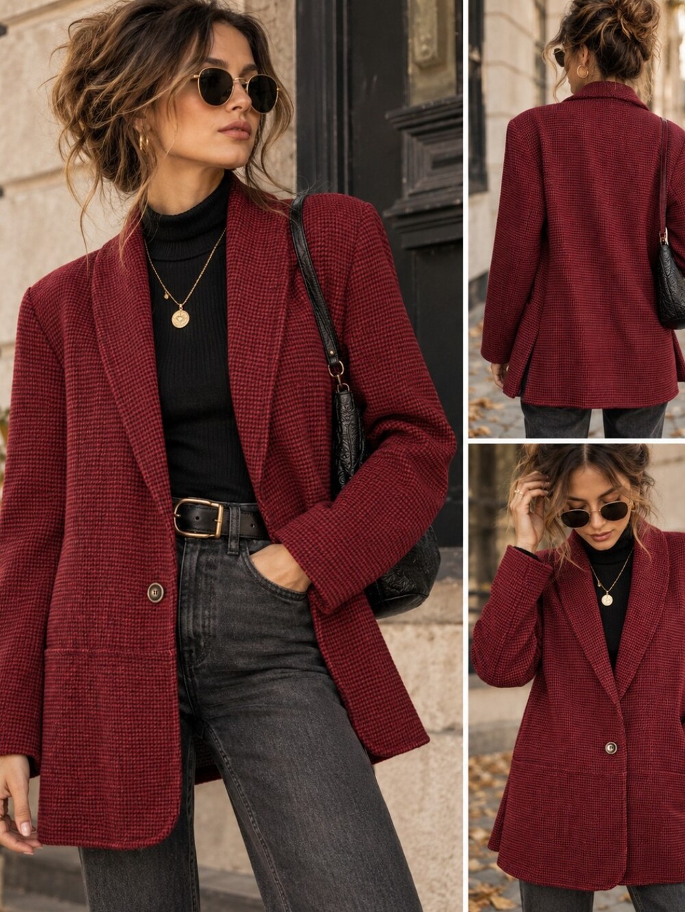 Vintage Coldwater Creek Blazer L Red Houndstooth Preppy Old Money Office Chic